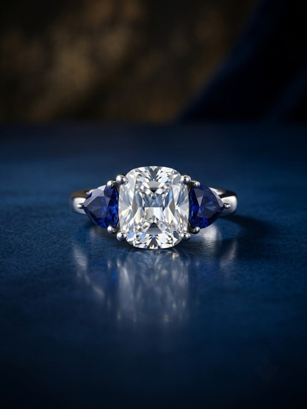Sterling Silver 3 Stone Ring Cushion Trillion Cut Cubic Zirconia Quiet Luxury